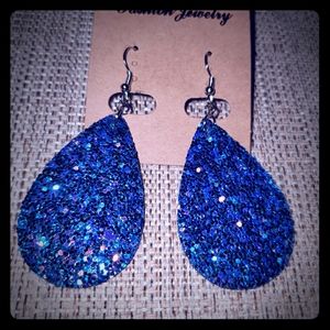 Sold! Blue glitter teardrop leatherlette earrings